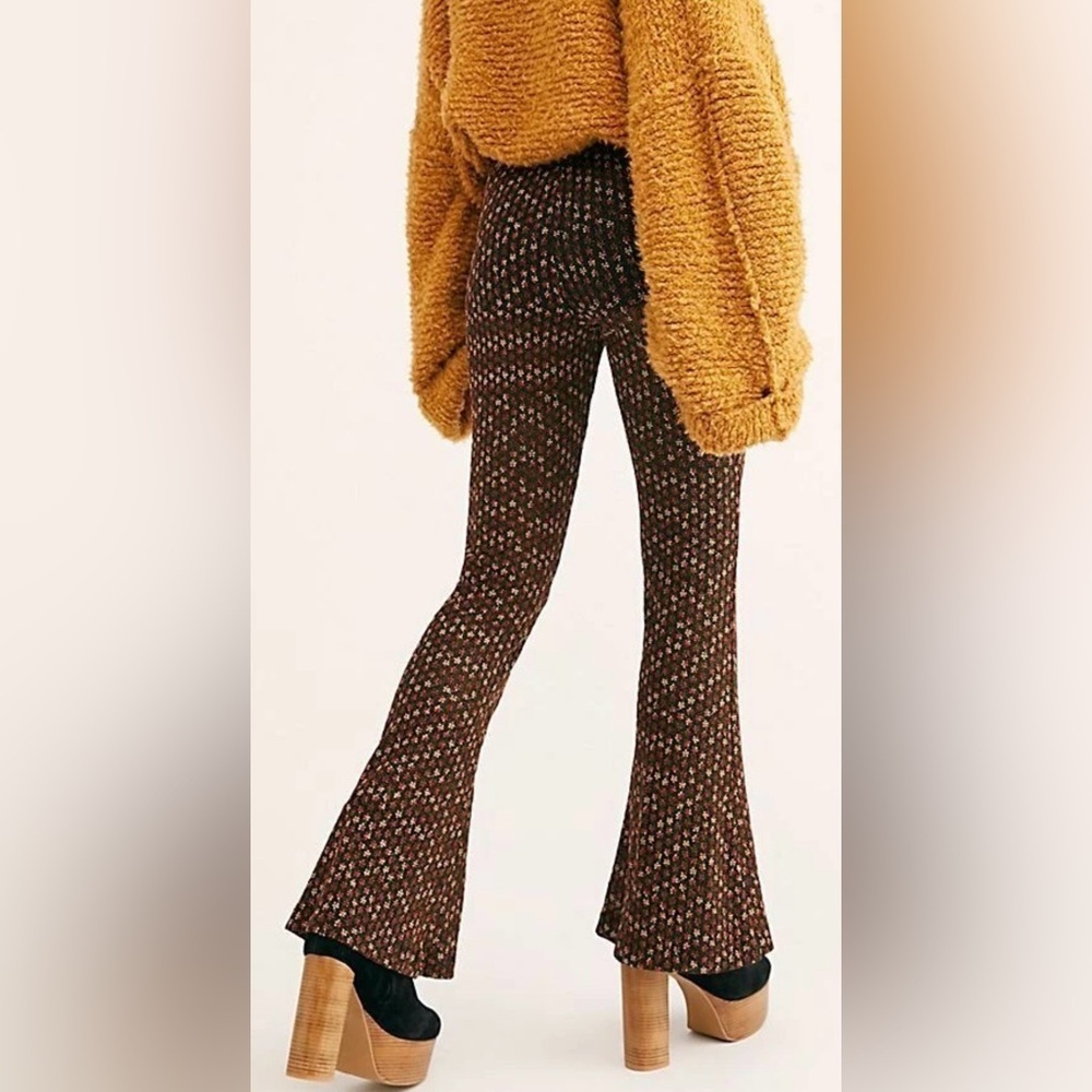 Free People Party Pull-On Flare Pants Black Metallic Floral Stretch Size Small